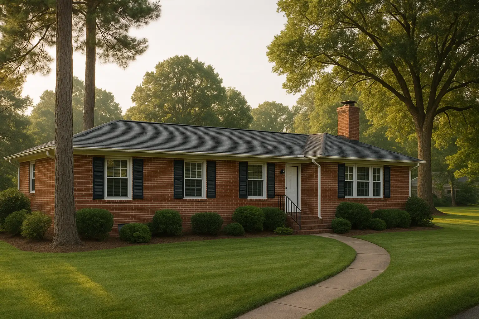 A tidy brick home with a front porch under Carolina pine trees